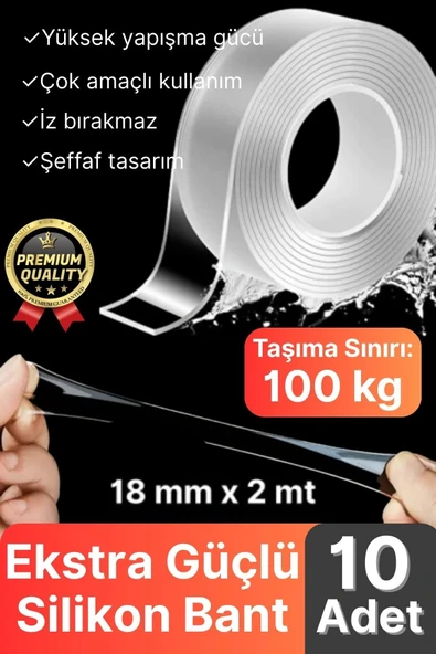 10 Adet Çok Amaçlı Çift Taraflı İz Bırakmaz Tamir Montaj Bandı Şeffaf Güçlü Silikon Bant 18mm X 2 mt ürün görseli 1