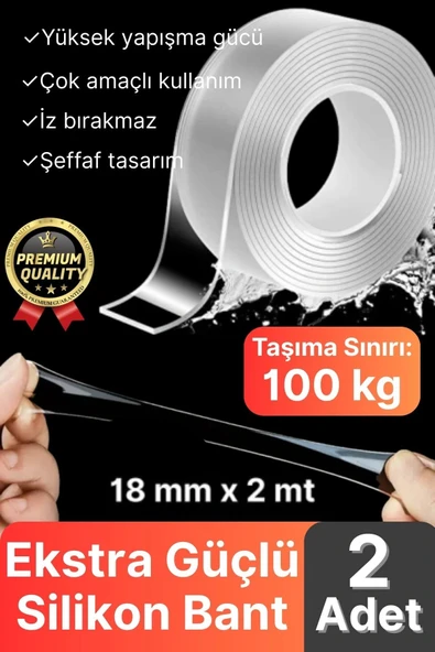 2 Adet Çok Amaçlı Çift Taraflı İz Bırakmaz Tamir Montaj Bandı Şeffaf Güçlü Silikon Bant 18 mm X 2 mt ürün görseli 1
