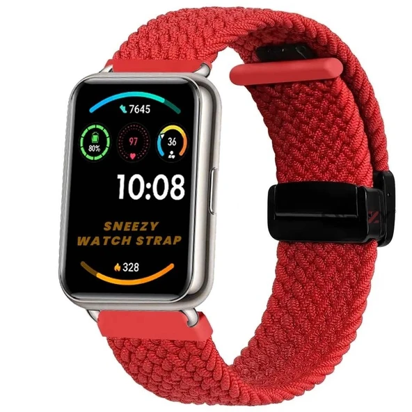 Sneezy Huawei Watch Fit 2  İle Uyumlu FiberLink Manyetik Tokalı Kumaş Örgü Kordon  Kırmızı ürün görseli 1
