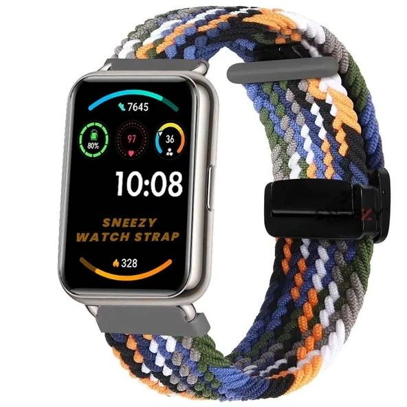 Sneezy Huawei Watch Fit 2  İle Uyumlu FiberLink Manyetik Tokalı Kumaş Örgü Kordon  Siyah - Turuncu ürün görseli 1
