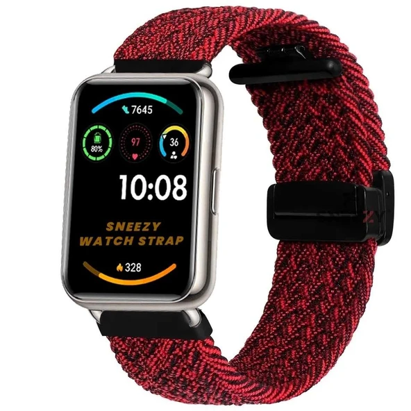 Sneezy Huawei Watch Fit 2  İle Uyumlu FiberLink Manyetik Tokalı Kumaş Örgü Kordon  Kırmızı Koyu ürün görseli 1