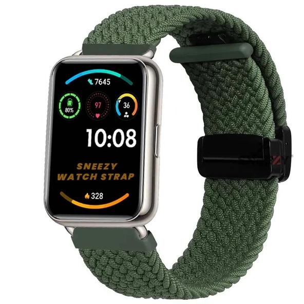 Sneezy Huawei Watch Fit 2  İle Uyumlu FiberLink Manyetik Tokalı Kumaş Örgü Kordon  Haki ürün görseli 1