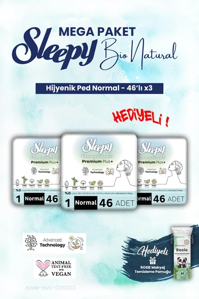 Sleepy 3'lü Bio Natural Hijyenik Ped Mega Paket Normal 46'lı ve ROSIE makyaj pamuk ürün görseli 1