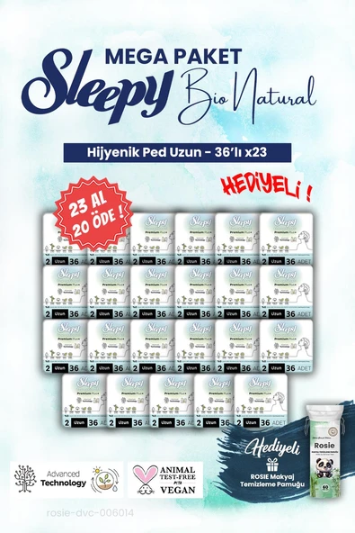 Sleepy Bio Hijyenik ped 23 AL 20 ÖDE 36'lı Uzun Mega Paket ve ROSIE makyaj pamuğu ürün görseli 1
