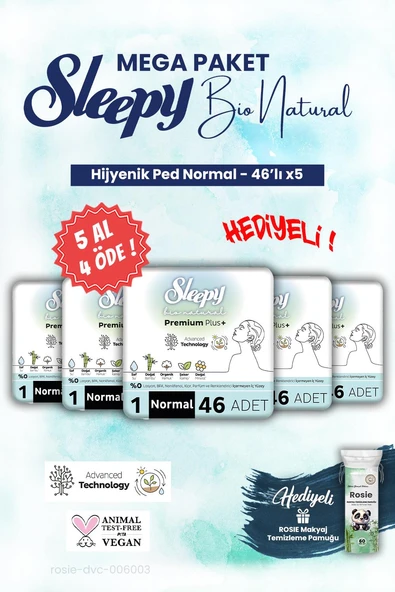 Sleepy Mega Paket Bio 5 AL 4 ÖDE Hijyenik ped 46'lı Normal ve ROSIE makyaj pamuğu ürün görseli 1