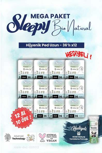 Sleepy 12 AL 10 ÖDE, 36'lı Uzun Bio Hijyenik ped Mega Paket ve ROSIE makyaj pamuğu ürün görseli 1