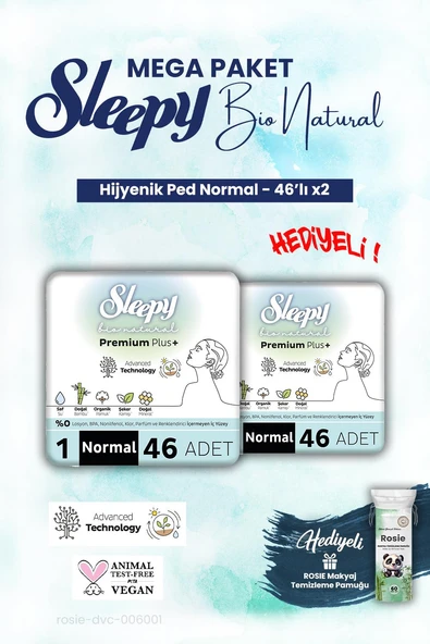 Sleepy 2 adet Bio Natural Hijyenik Ped Mega Paket Normal 46'lı ve ROSIE makyaj pamuk ürün görseli 1