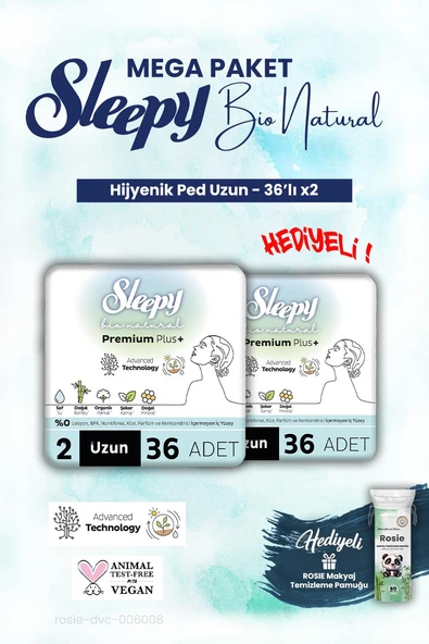 Sleepy 2 adet Mega Paket Uzun 36'lı Bio Natural Hijyenik Ped ve ROSIE makyaj pamuk ürün görseli 1