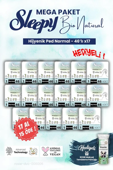 Sleepy Bio Hijyenik ped 46'lı Normal 17 AL 15 ÖDE Mega Paket ve ROSIE makyaj pamuğu ürün görseli 1