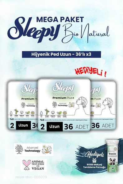 Sleepy 3'lü Bio Natural Uzun 36'lı Hijyenik Ped Mega Paket ve ROSIE makyaj pamuk ürün görseli 1