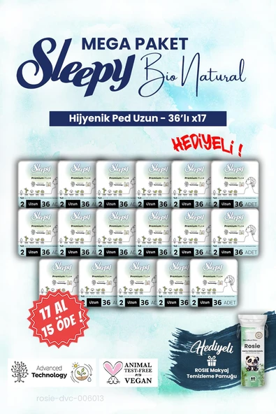 Sleepy Bio Hijyenik ped 36'lı Uzun 17 AL 15 ÖDE Mega Paket ve ROSIE makyaj pamuğu ürün görseli 1