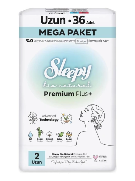 Sleepy Bio Natural Premium Plus Hijyenik Ped Mega Paket Uzun 36 Adet ürün görseli 1