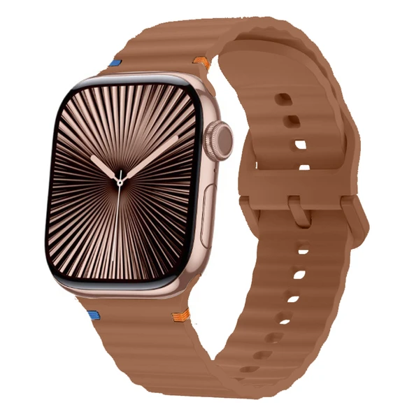 Apple Watch 42mm 44mm 45mm S10 46mm Ultra 49mm Uyumlu Dalga Desenli Tokalı Yumusaş Silikon Kordon  Kahverengi ürün görseli 1