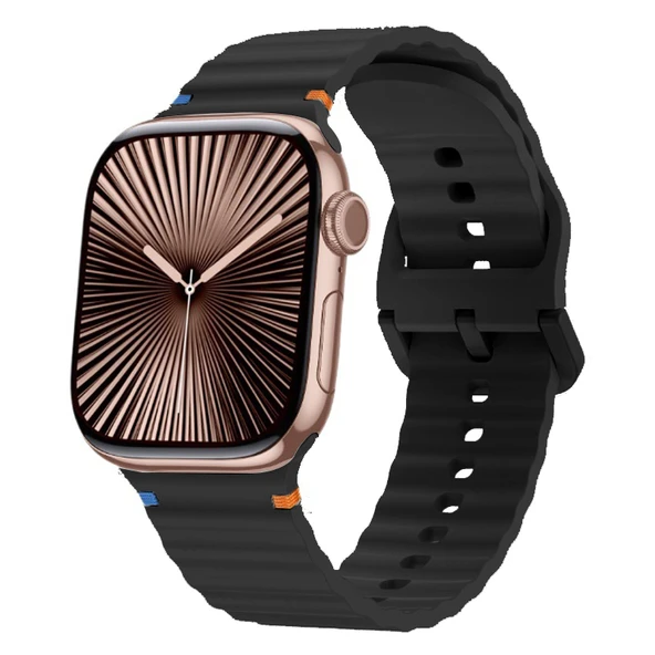 Apple Watch 42mm 44mm 45mm S10 46mm Ultra 49mm Uyumlu Dalga Desenli Tokalı Yumusaş Silikon Kordon  Siyah ürün görseli 1