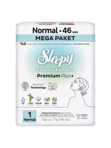 Sleepy Bio Natural Premium Plus Hijyenik Ped Mega Paket Normal 46 Adet ürün görseli 1