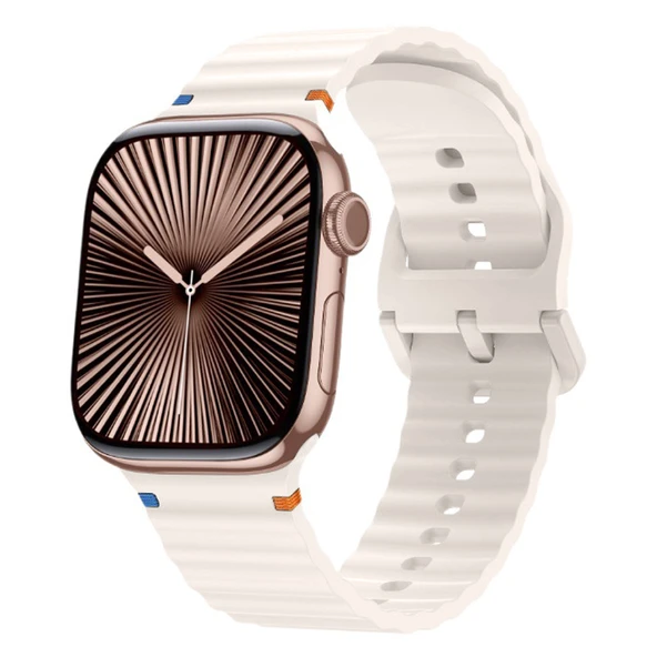 Apple Watch 42mm 44mm 45mm S10 46mm Ultra 49mm Uyumlu Dalga Desenli Tokalı Yumusaş Silikon Kordon  Starlight ürün görseli 1