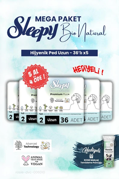 Sleepy Hijyenik ped 36'lı Uzun Mega Paket Bio 5 AL 4 ÖDE ve ROSIE makyaj pamuğu ürün görseli 1
