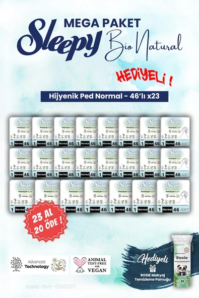 Sleepy Bio Hijyenik ped 23 AL 20 ÖDE 46'lı Normal Mega Paket ve ROSIE makyaj pamuğu ürün görseli 1