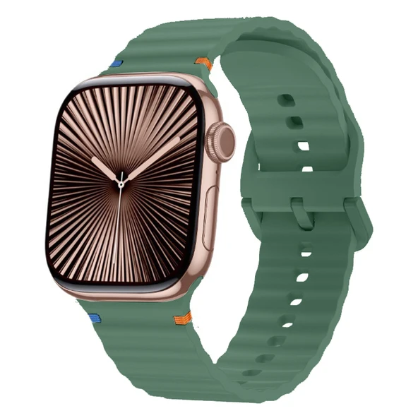 Apple Watch 42mm 44mm 45mm S10 46mm Ultra 49mm Uyumlu Dalga Desenli Tokalı Yumusaş Silikon Kordon  Haki ürün görseli 1