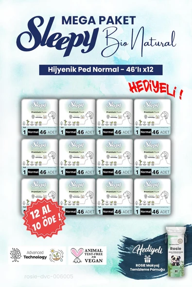Sleepy 12 AL 10 ÖDE Mega Paket Bio Hijyenik ped 46'lı Normal ve ROSIE makyaj pamuğu ürün görseli 1