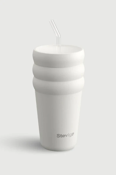 Stevig 3 Bubble Two-Cap Straw Tumbler Çelik Termos 600 ML White Stone ST-249 ürün görseli 1