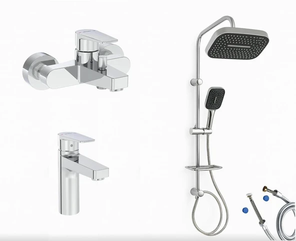 Artema Flow Square Banyo Bataryası + Flow Square Lavabo Bataryası + Doppo Prime Lux Tepe Duş Sistemi ürün görseli 1