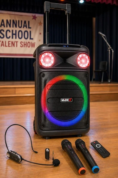 Midex MXR-1100HX Taşınabilir Seyyar Portatif 3 Mikrofonlu Işıklı Ses Sistemi Hoparlör (1100 Watt) ürün görseli 1