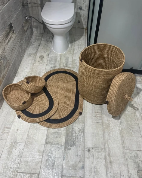 Jüt Hasır 5li Banyo Seti, Çamaşır Sepeti, Paspas Takımı, Oval Sepet-Siyah Çizgili ürün görseli 1