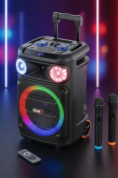 Midex MXR-1100 Taşınabilir Seyyar Mikrofonlu Işıklı Akülü Ses Sistemi Hoparlör (1100 Watt) ürün görseli 1
