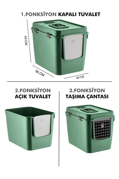 Pribor HZ-500 Xxl 3 Fonksiyonlu Açık / Kapalı Kedi Tuvaleti ve Taşıma Çantası Yeşil 56 x 40 x 43 Cm ürün görseli 1