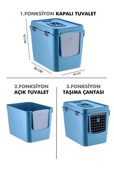 Pribor HZ-500 Xxl 3 Fonksiyonlu Açık / Kapalı Kedi Tuvaleti ve Taşıma Çantası Mavi 56 x 40 x 43 Cm ürün görseli 1