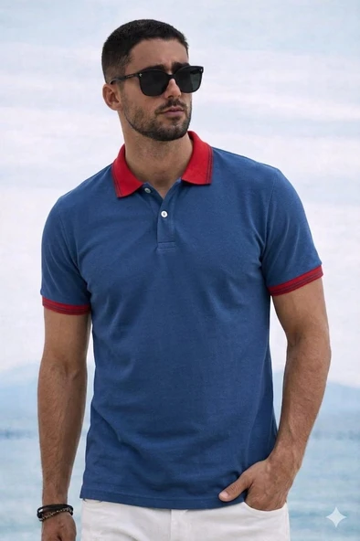 Polo Yaka T-shirt - Sax Mavi / Kırmızı Yaka ürün görseli 1