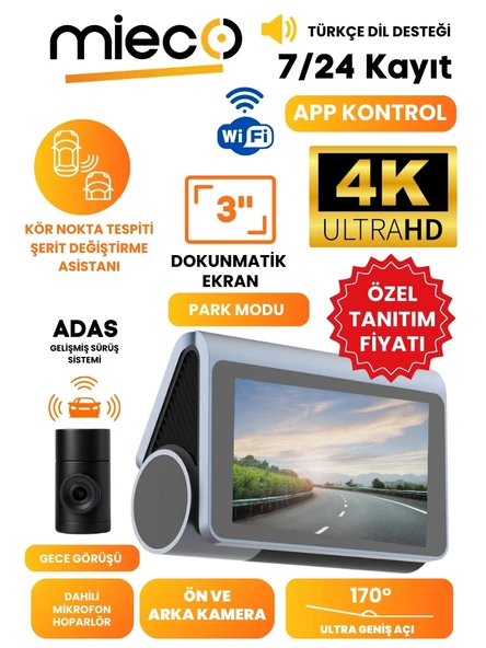 Mieco X8 Wifi /4K UHD/ 170 Derece Ultra Geniş Açı/ ADAS/ Ön + Arka Araç Kamerası ürün görseli 1
