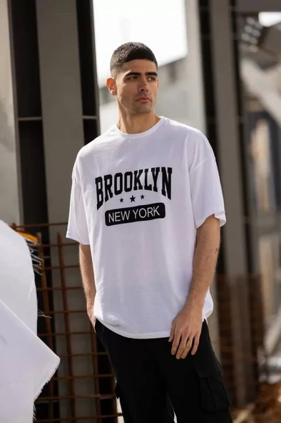 Unisex Bisiklet Yaka Baskılı Oversize T-Shirt - Beyaz ürün görseli 1