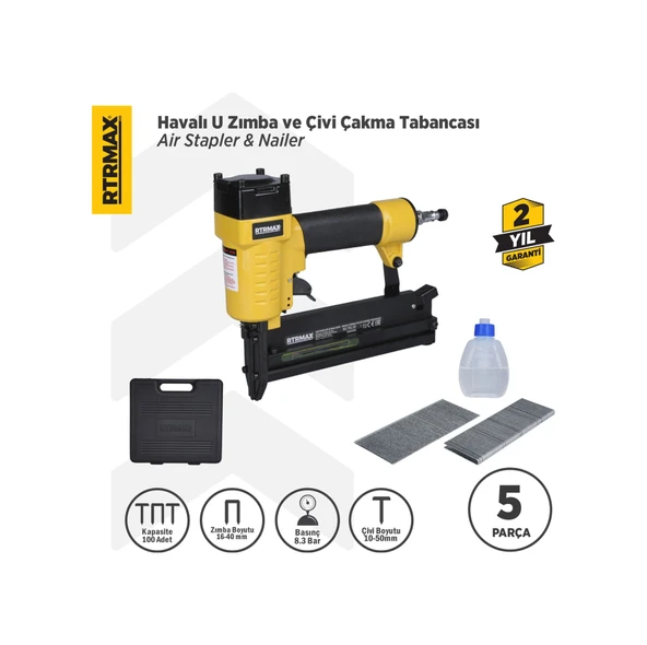 Rtrmax RTM0124 Havalı U Zımba ve Çivi Çakma Tabancası 10-50 / 16-40 Çantalı ürün görseli 1