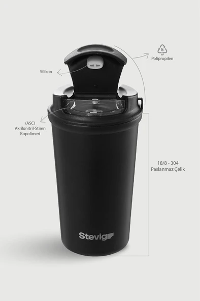 Stevig 4 Work Flip Open Coffee Mug Çelik Termos 400 ML Black ST-250 - Resim 8