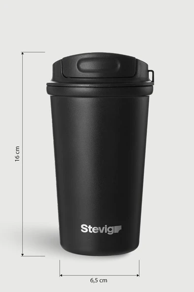 Stevig 4 Work Flip Open Coffee Mug Çelik Termos 400 ML Black ST-250 - Resim 9