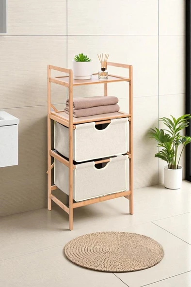 Digithome Bambu 2 Raflı 2 Çekmeceli Banyo Düzenleyici Çekmeceli Dolap Komodin DB-0045 ürün görseli 1