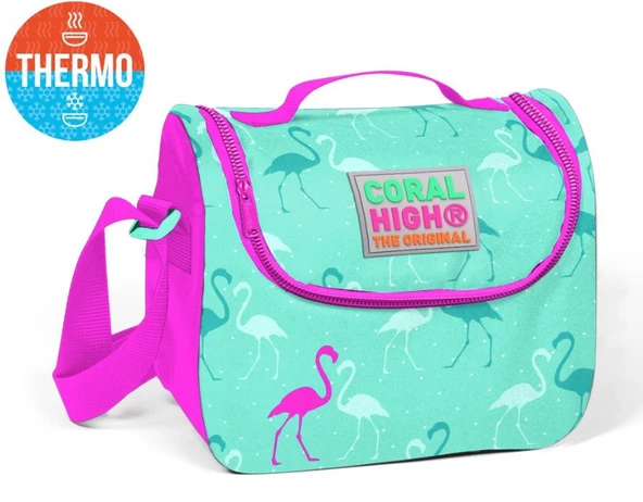 Coral High Yeşil Flamingo Desenli Termoslu Beslenme Çantası - Kız Çocuk ürün görseli 1