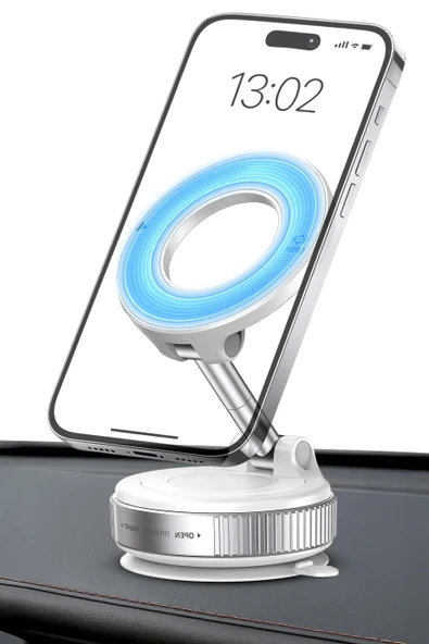 MagnetPRO 360° Ayarlanabilir Araç İçi Masa Üstü Vakumlu Mıknatıslı Magsafe Telefon Tutucu Beyaz ürün görseli 1