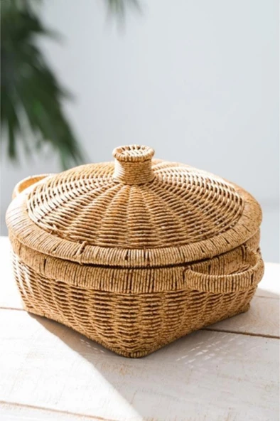 Digithome Rattan Hasır Kapaklı Çok Amaçlı Depolama Mutfak Banyo Sepeti 28.5 Cm - Kahverengi ürün görseli 1