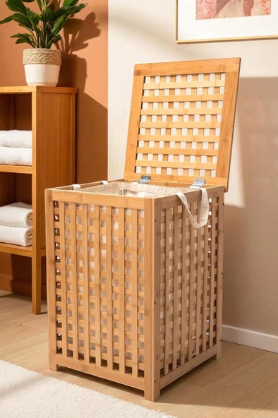 Digithome Bambu Çamaşır Sepeti 58x40 cm Kulplu Taşınabilir Bezli DB-0042 ürün görseli 1