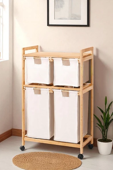 Bambu 4 Bölmeli Kirli Sepetli Çamaşır Sepeti Raflı Banyo Düzenleyici DB-0018 ürün görseli 1