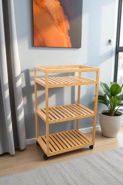 Digithome Bambu 3 Raflı Tekerlekli Sunum Servis Arabası Mutfak Rafı Sehpa Banyo Rafı DB-0029 ürün görseli 1