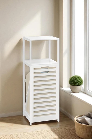 Digithome Bambu Beyaz Mat Lake Kirli Sepetli 2 Raflı Banyo Düzenleyici Çamaşır Sepeti DB-0020 ürün görseli 1