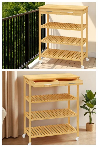 Digithome Bambu 2 Çekmeceli Tekerlekli Bango Ada Mutfak Servis Arabası DB-0021 - Resim 6