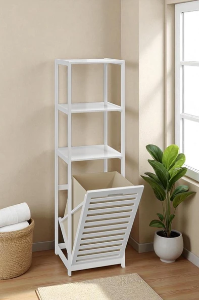 Digithome Bambu Beyaz Mat Lake Kirli Sepetli 3 Raflı Banyo Düzenleyici Çamaşır Sepeti DB-0019 ürün görseli 1