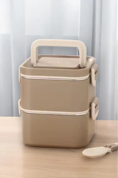 Digithome Bento 2 Katlı Taşınabilir Paslanmaz Çelik Yemek Kabı Termosu Lunch Box Kare Haki 1400Ml ürün görseli 1