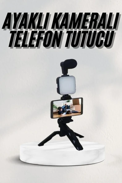 Telefon Tutucu Led Işıklı Kumandalı Mikrofon Telefon Vlog Video Kayıt ürün görseli 1