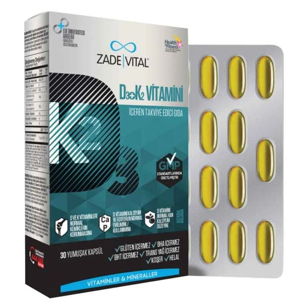 Zade Vital D3 + K2 Vitamini İçeren Takviye Edici Gıda 30 Yumuşak Kapsül ürün görseli 1